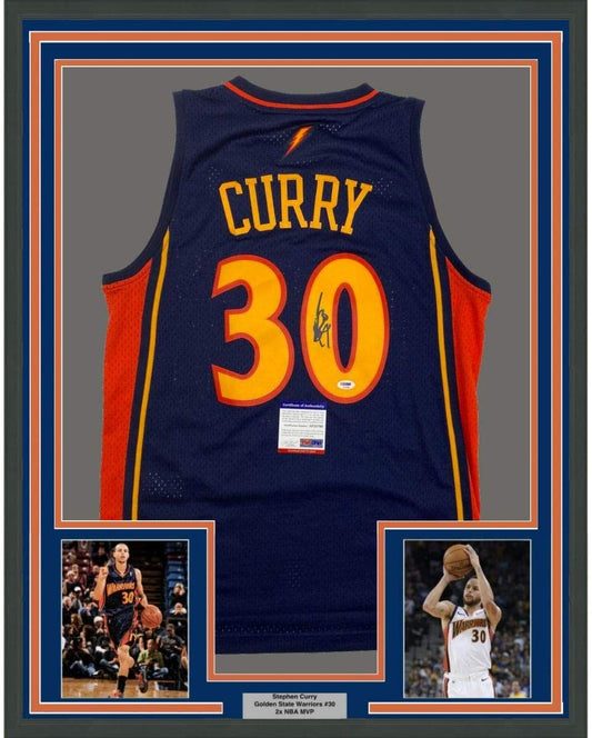 Framed Autographed/Signed Stephen Steph Curry 35x39 Golden State Blue Rookie Basketball Jersey PSA/DNA COA