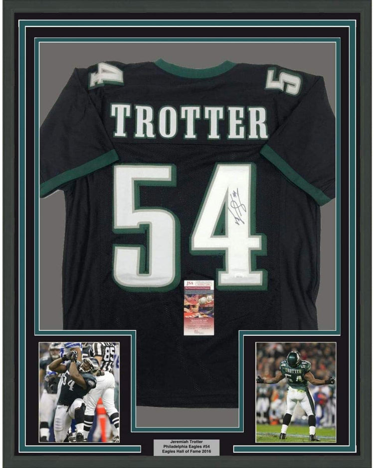 Framed Autographed/Signed Jeremiah Trotter 35x39 Philadelphia Black Football Jersey JSA COA