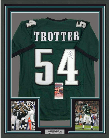 Framed Autographed/Signed Jeremiah Trotter 35x39 Philadelphia Green Football Jersey JSA COA