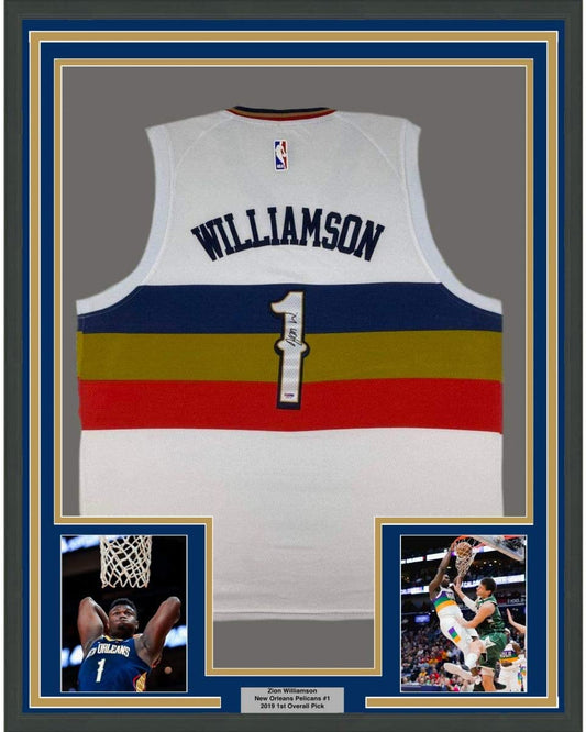Framed Autographed/Signed Zion Williamson 35x39 New Orleans White Basketball Jersey PSA/DNA COA Holo Only