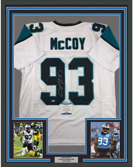 Framed Autographed/Signed Gerald McCoy 35x39 Carolina White Football Jersey Beckett BAS COA