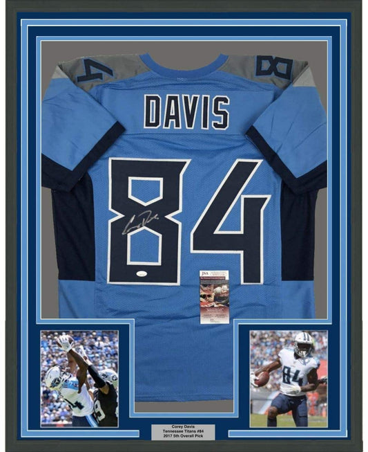 Framed Autographed/Signed Corey Davis 35x39 Tennessee 2018 Powder Blue Football Jersey JSA COA