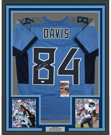 Framed Autographed/Signed Corey Davis 35x39 Tennessee 2018 Powder Blue Football Jersey JSA COA