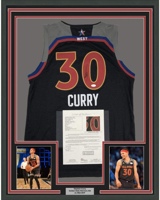 Framed Autographed/Signed Stephen Steph Curry 35x39 Black NBA All-Star Game Basketball Jersey JSA COA/LOA