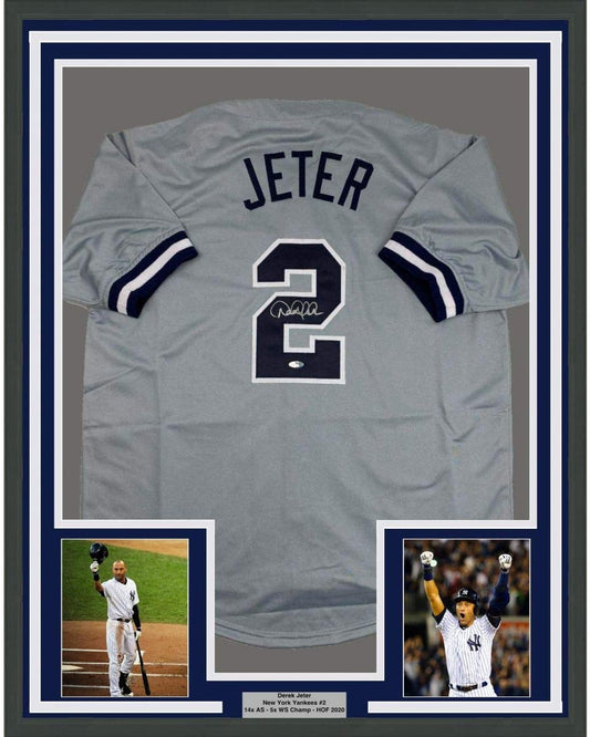Framed Autographed/Signed Derek Jeter 35x39 New York Grey Baseball Jersey Steiner Sports COA Hologram Only