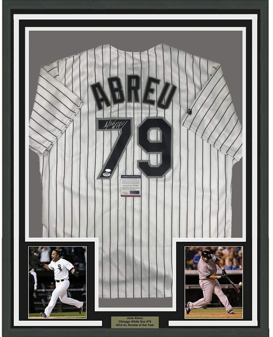 Framed Autographed/Signed Jose Abreu 35x39 Chicago Pinstripe Baseball Jersey PSA/DNA COA