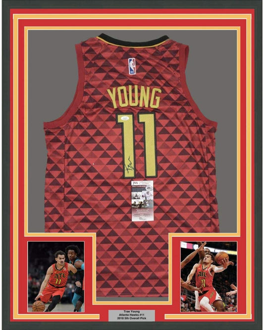 Framed Autographed/Signed Trae Young 35x39 Atlanta Red Basketball Jersey JSA COA