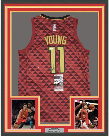 Framed Autographed/Signed Trae Young 35x39 Atlanta Red Basketball Jersey JSA COA