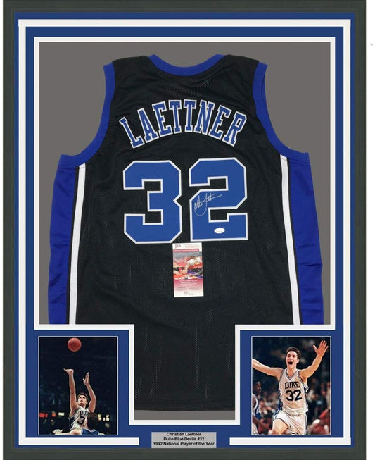 Framed Autographed/Signed Christian Laettner 35x39 Duke Blue Devils Black College Basketball Jersey JSA COA