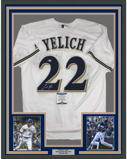 Framed Autographed/Signed Christian Yelich 35x39 Milwaukee White Baseball Jersey Beckett BAS COA