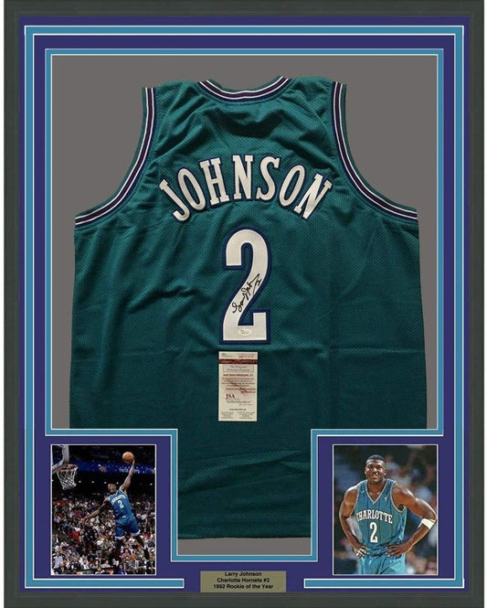 Framed Autographed/Signed Larry Johnson 35x39 Charlotte Teal Basketball Jersey JSA COA