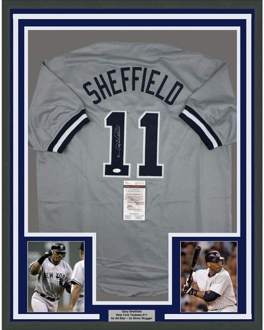 Framed Autographed/Signed Gary Sheffield 35x39 New York Grey Baseball Jersey JSA COA