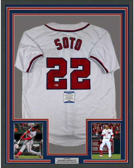 Framed Autographed/Signed Juan Soto 35x39 Washington White Baseball Jersey Beckett BAS COA