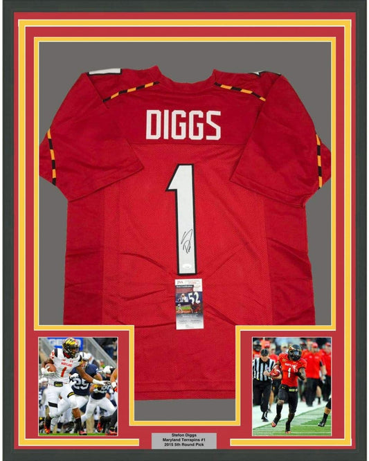 Framed Autographed/Signed Stefon Diggs 35x39 Maryland Red College Football Jersey JSA COA