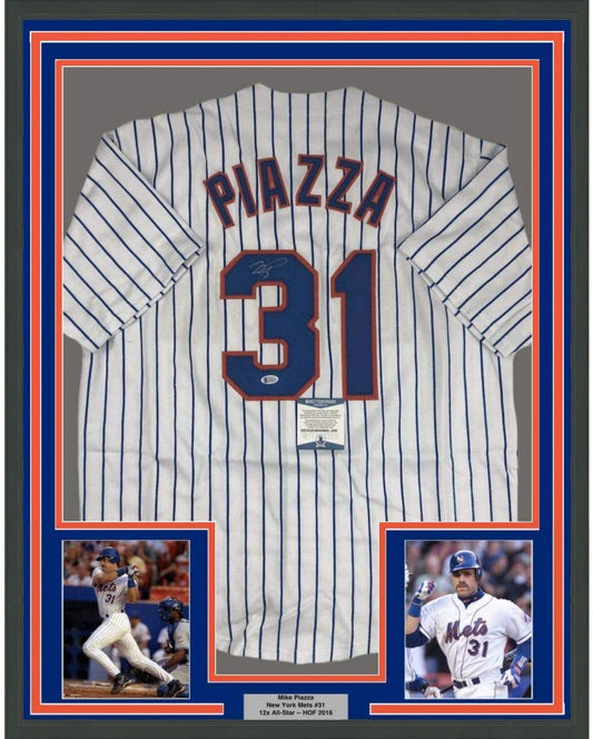 Framed Autographed/Signed Mike Piazza 35x39 New York NY Pinstripe Baseball Jersey Beckett BAS COA