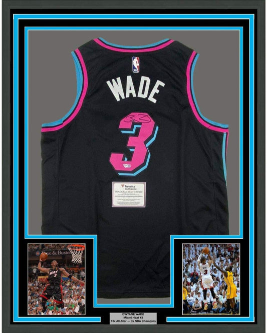 Framed Autographed/Signed Dwyane Wade 35x39 Miami Heat Black Vice City Basketball Jersey Fanatics COA