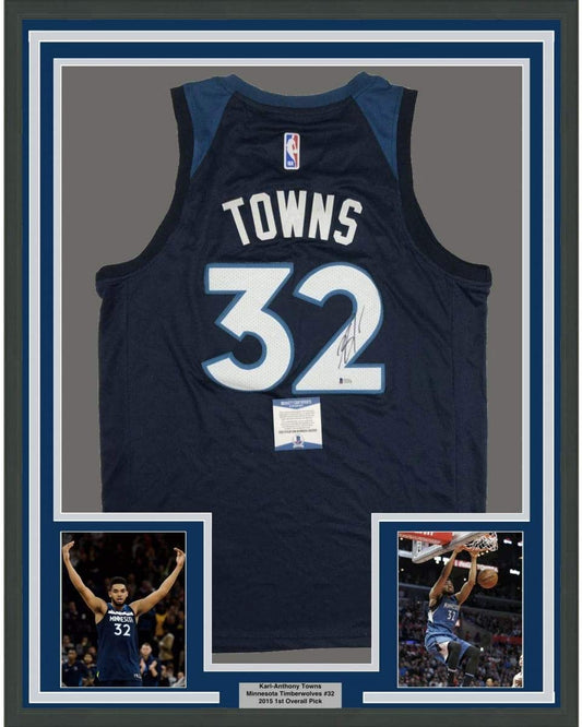 Framed Autographed/Signed Karl-Anthony Towns 35x39 Minnesota Blue Basketball Jersey Beckett BAS COA