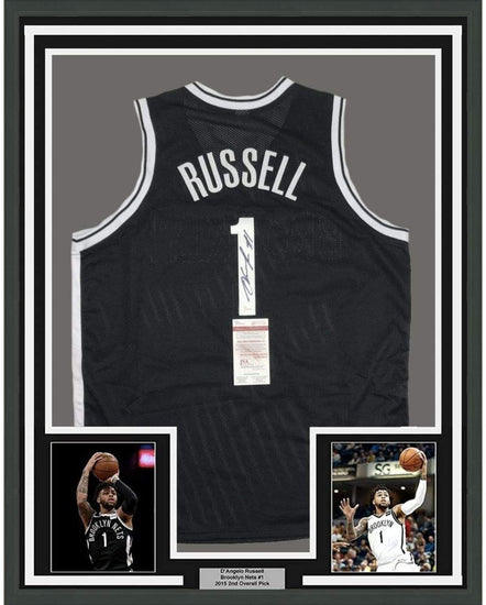 Framed Autographed/Signed D'Angelo Russell 35x39 Brooklyn Black Basketball Jersey JSA COA