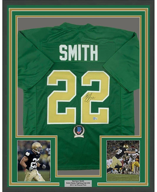 Framed Autographed/Signed Harrison Smith 35x39 Notre Dame Green College Football Jersey Beckett BAS COA