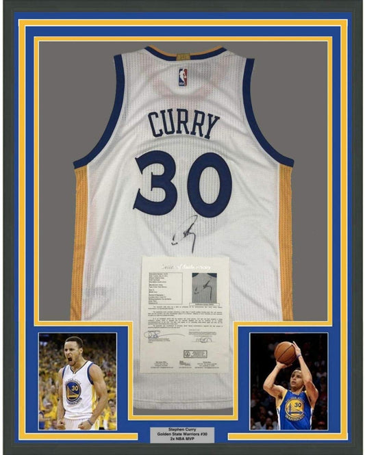 Framed Autographed/Signed Stephen Steph Curry 35x39 Golden State White Basketball Jersey JSA COA/LOA