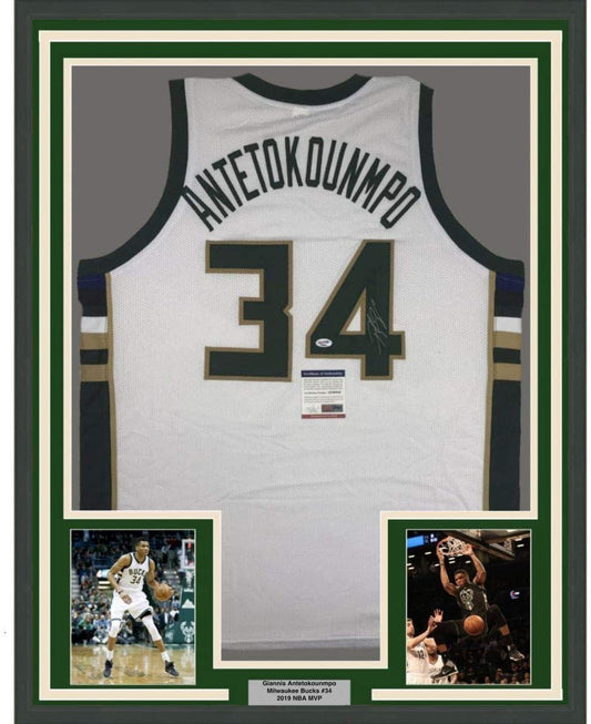 Framed Autographed/Signed Giannis Antetokounmpo 35x39 Milwaukee White Basketball Jersey PSA/DNA COA