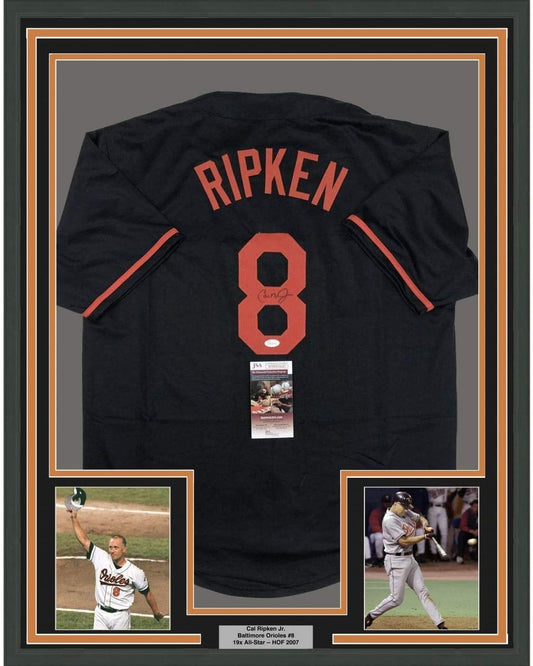 Framed Autographed/Signed Cal Ripken Jr. 35x39 Baltimore Black Baseball Jersey JSA COA