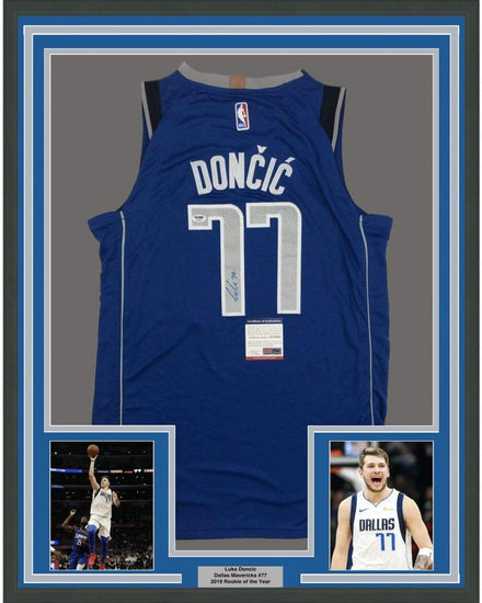 Framed Autographed/Signed Luka Doncic 35x39 Dallas Blue Basketball Jersey PSA/DNA COA