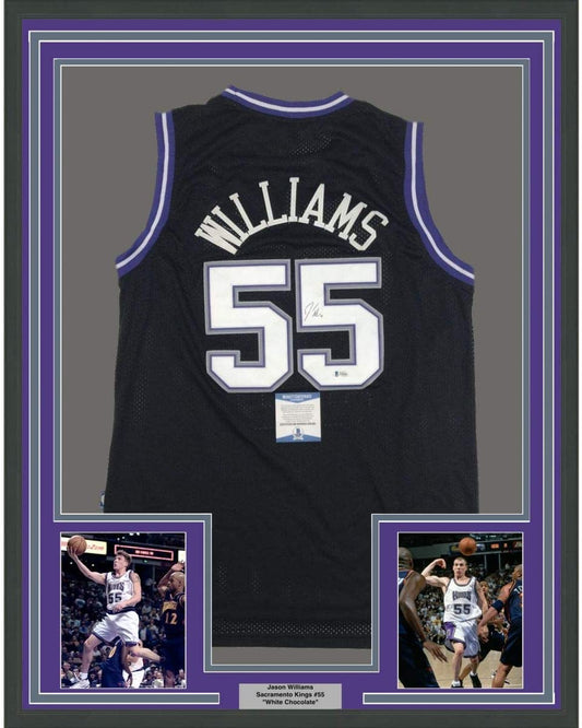Framed Autographed/Signed Jason Williams 35x39 Sacramento Black Basketball Jersey Beckett BAS COA