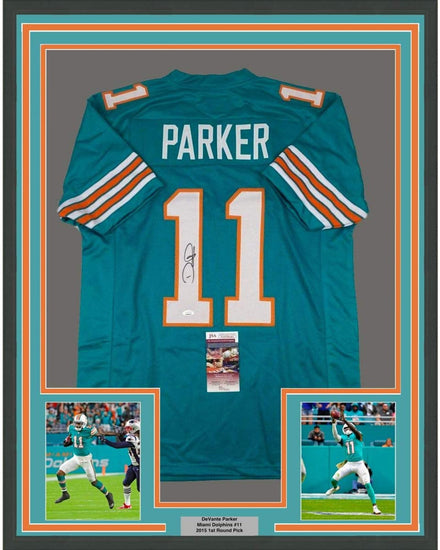 Framed Autographed/Signed Devante Parker 35x39 Miami Retro Teal Football Jersey JSA COA
