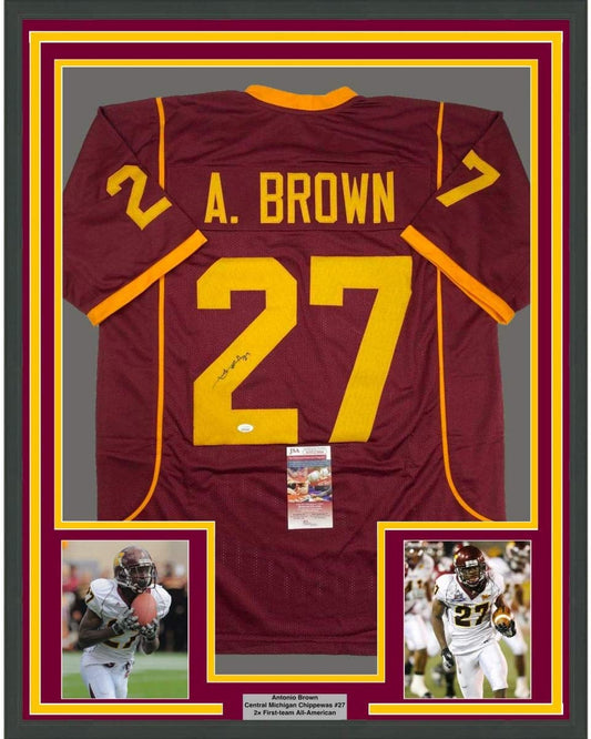 Framed Autographed/Signed Antonio Brown 35x39 Central Michigan Maroon College Football Jersey JSA COA