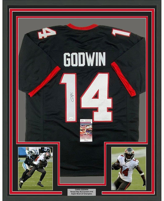 Framed Autographed/Signed Chris Godwin 35x39 Tampa Bay Pewter Football Jersey JSA COA