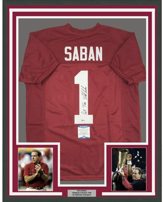 Framed Autographed/Signed Nick Saban Roll Tide 35x39 Alabama Red College Football Jersey Beckett BAS COA