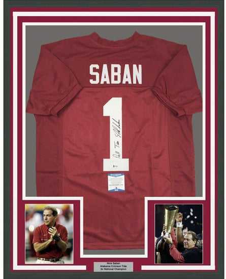 Framed Autographed/Signed Nick Saban Roll Tide 35x39 Alabama Red College Football Jersey Beckett BAS COA