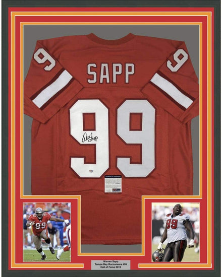 Framed Autographed/Signed Warren Sapp 35x39 Tampa Bay Orange Retro Football Jersey PSA/DNA COA