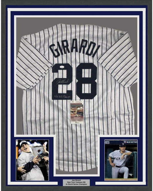 Framed Autographed/Signed Joe Girardi 4x WS Champs 35x39 New York Pinstripe Baseball Jersey JSA COA