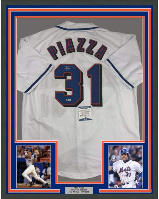 Framed Autographed/Signed Mike Piazza 35x39 New York NY White Baseball Jersey Beckett BAS COA