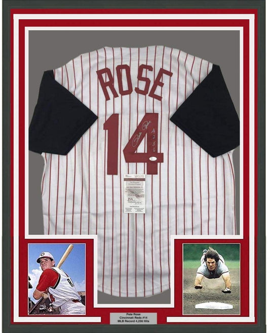 Framed Autographed/Signed Pete Rose 4256 35x39 Cincinnati Pinstripe Baseball Jersey JSA COA