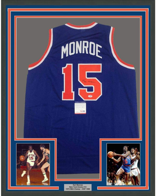 Framed Autographed/Signed Earl Monroe 35x39 New York Blue Basketball Jersey PSA/DNA COA