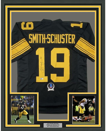 Framed Autographed/Signed JuJu Smith-Schuster 35x39 Pittsburgh Color Rush Football Jersey Beckett BAS COA