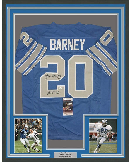Framed Autographed/Signed Lem Barney HOF 92 35x39 Detroit Blue Football Jersey JSA COA