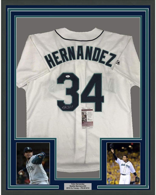Framed Autographed/Signed Felix Hernandez 35x39 Seattle White Baseball Jersey JSA COA