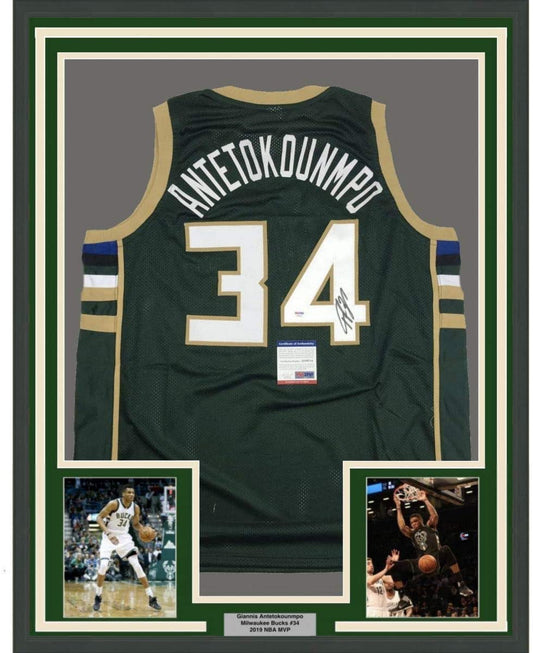Framed Autographed/Signed Giannis Antetokounmpo 35x39 Milwaukee Green Basketball Jersey PSA/DNA COA
