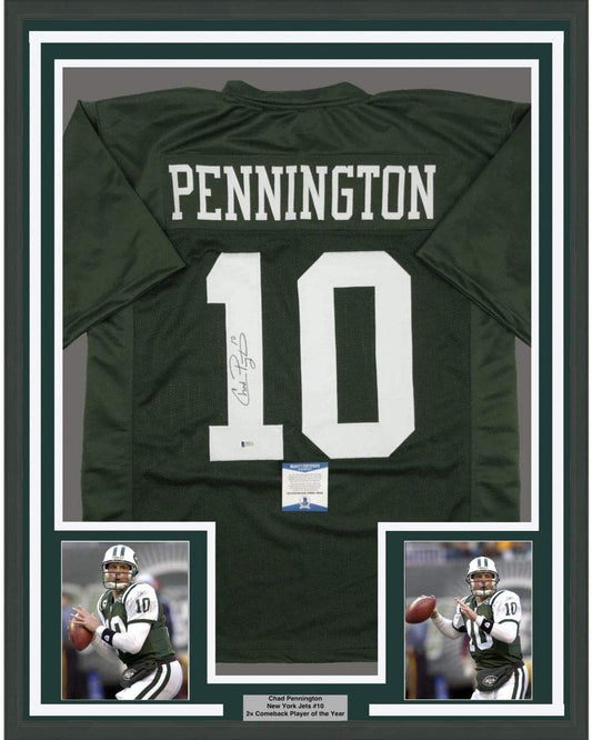 Framed Autographed/Signed Chad Pennington 35x39 New York Green Football Jersey Beckett BAS COA