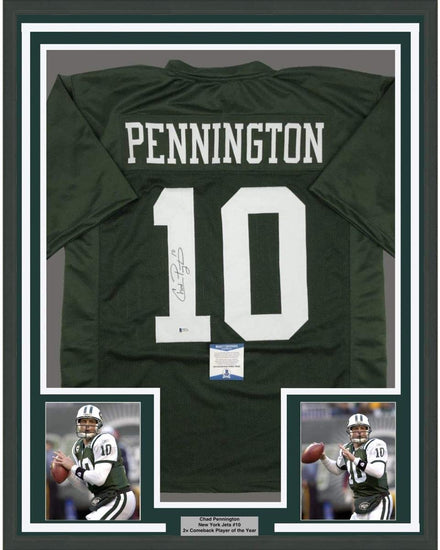 Framed Autographed/Signed Chad Pennington 35x39 New York Green Football Jersey Beckett BAS COA