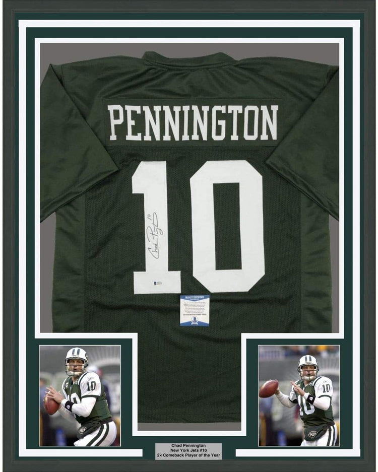 Framed Autographed/Signed Chad Pennington 35x39 New York Green Football Jersey Beckett BAS COA