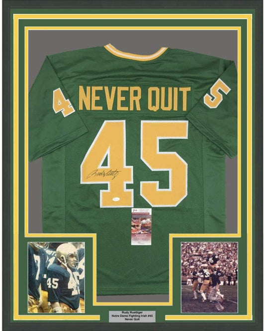 Framed Autographed/Signed Rudy Ruettiger 35x39 Never Quit Notre Dame Green College Football Jersey JSA COA
