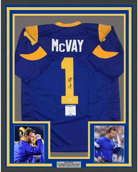 Framed Autographed/Signed Sean McVay 35x39 Los Angeles LA Retro Blue Football Jersey Beckett BAS COA