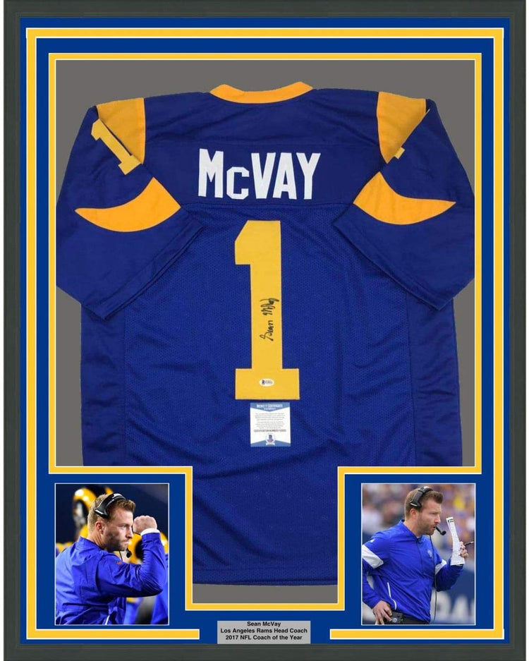 Framed Autographed/Signed Sean McVay 35x39 Los Angeles LA Retro Blue Football Jersey Beckett BAS COA