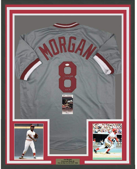 Framed Autographed/Signed Joe Morgan HOF 90 35x39 Cincinnati Grey Baseball Jersey JSA COA