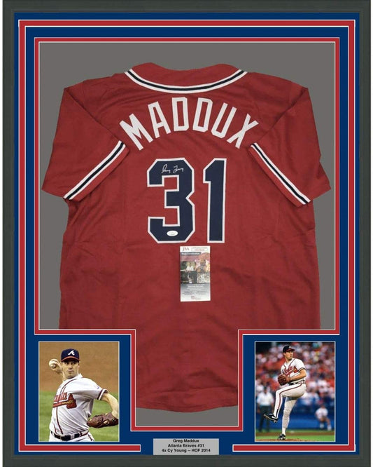 Framed Autographed/Signed Greg Maddux 35x39 Atlanta Red Baseball Jersey JSA COA